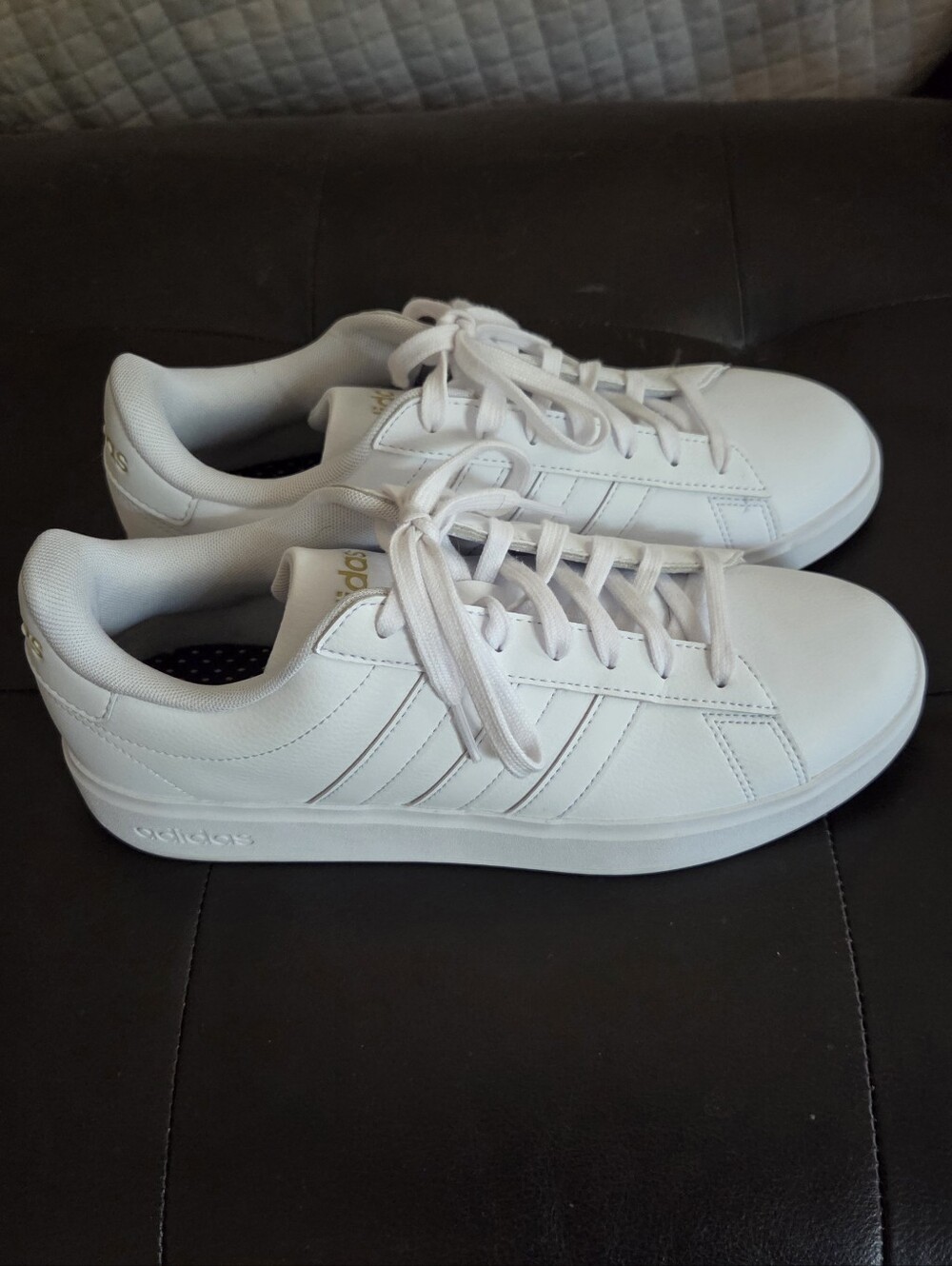 Adidas Grand Court Leather Sneakers White On White Gold Details 9 1/2